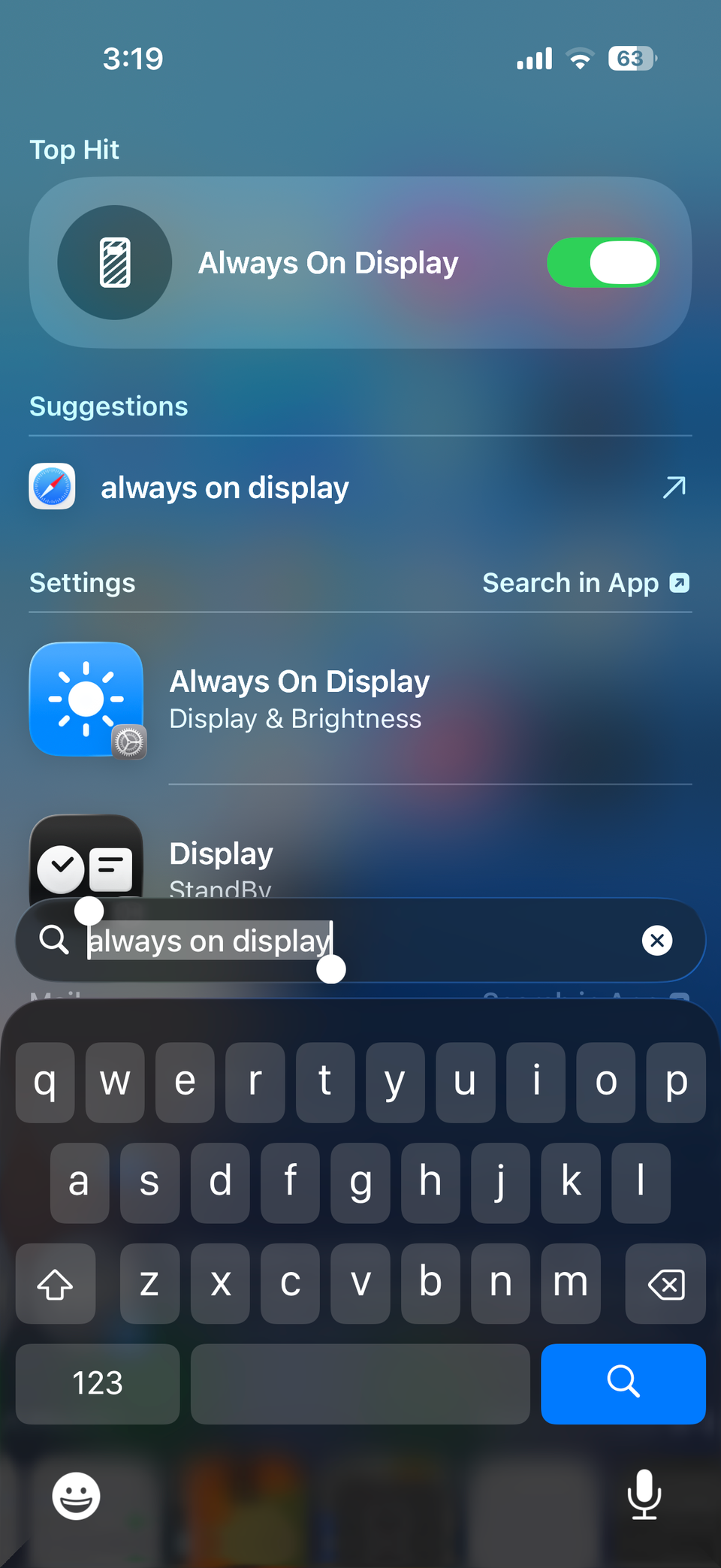 iPhone Spotlight showing Always On Display toggle