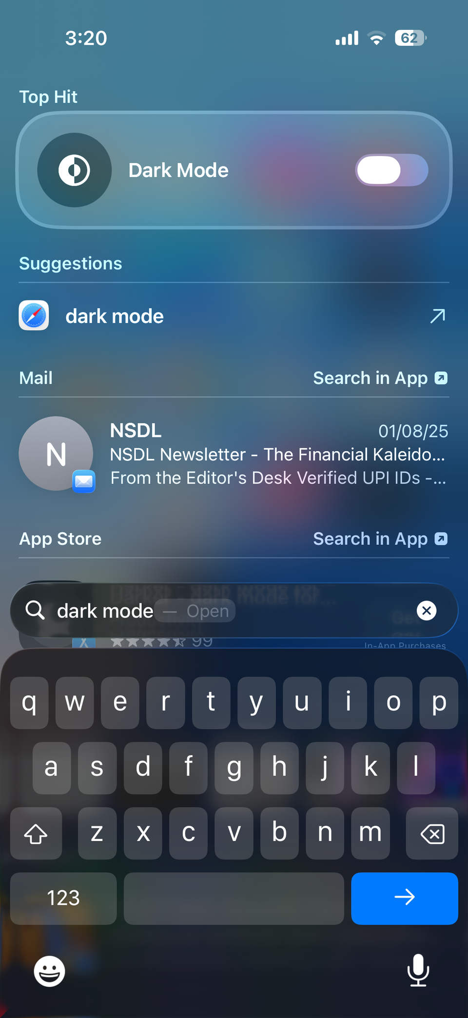 iPhone Spotlight showing Dark Mode toggle