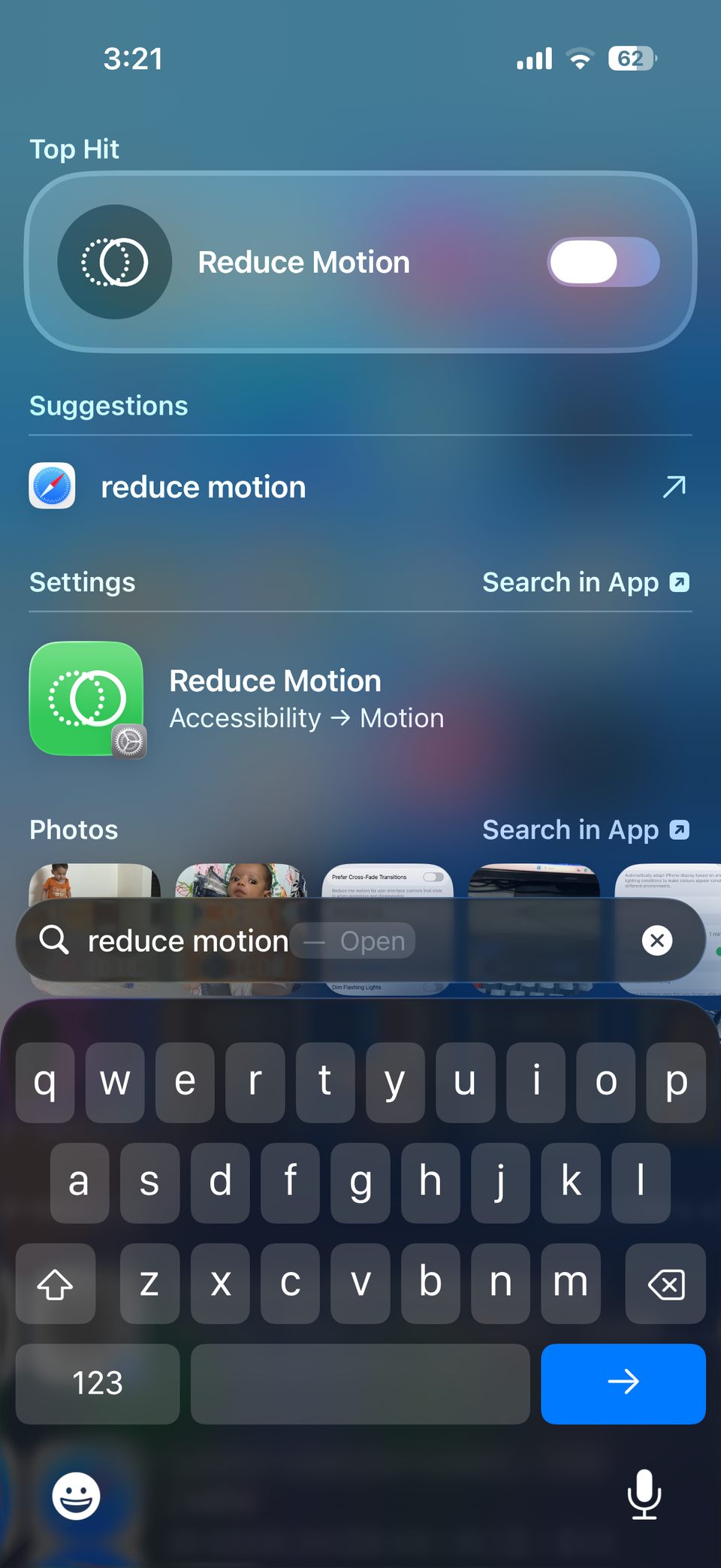 iPhone Spotlight showing Reduce Motion toggle