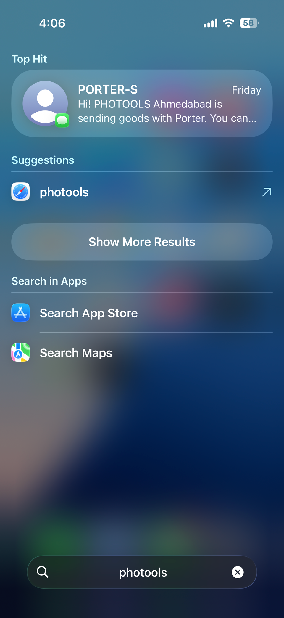 iPhone Spotlight showing result for a message
