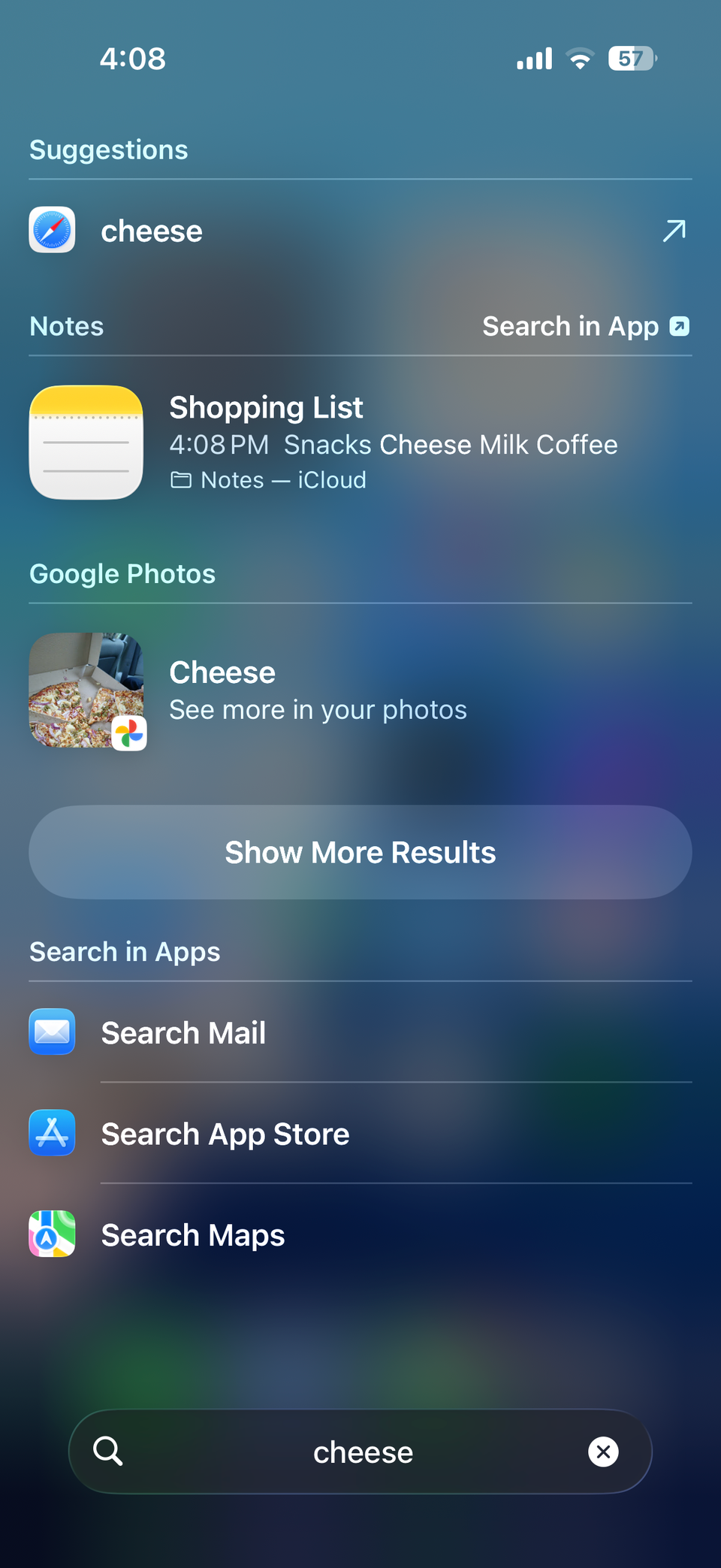 iPhone Spotlight showing result for a note