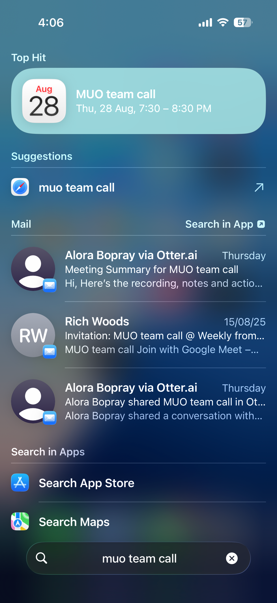 iPhone Spotlight showing result for an email