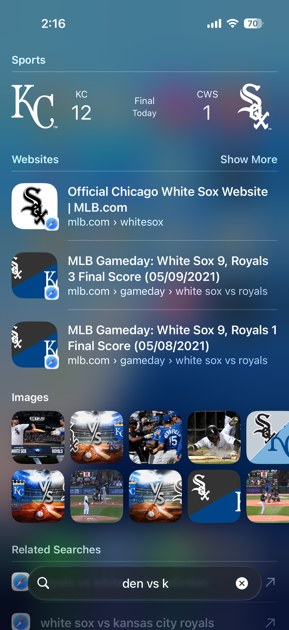 iPhone spotlight showing search result of baseball game
