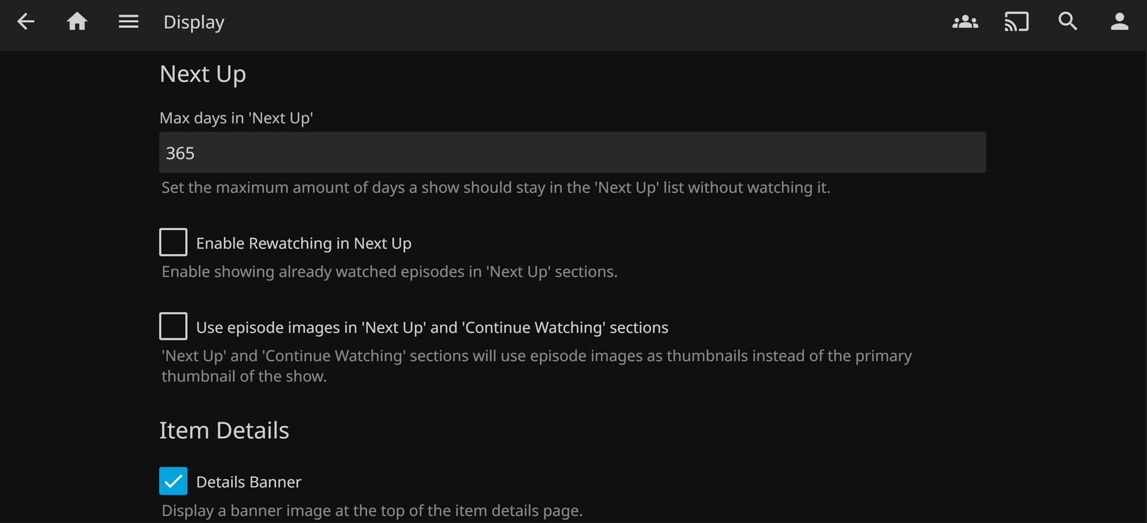 Jellyfin's display page options.