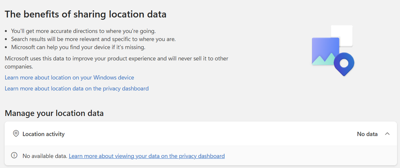 Location data page showing no available activity.