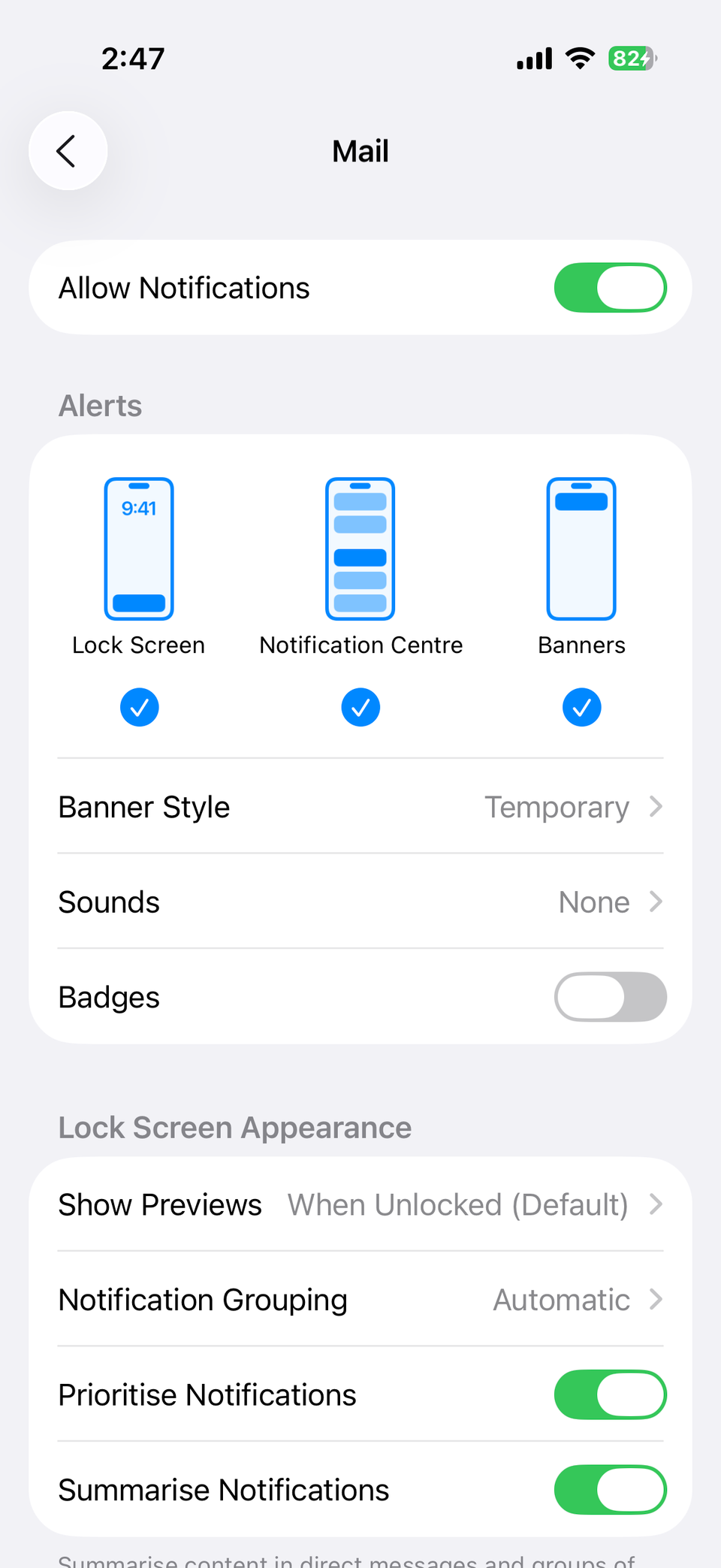 Mail app notification settings on iPhone
