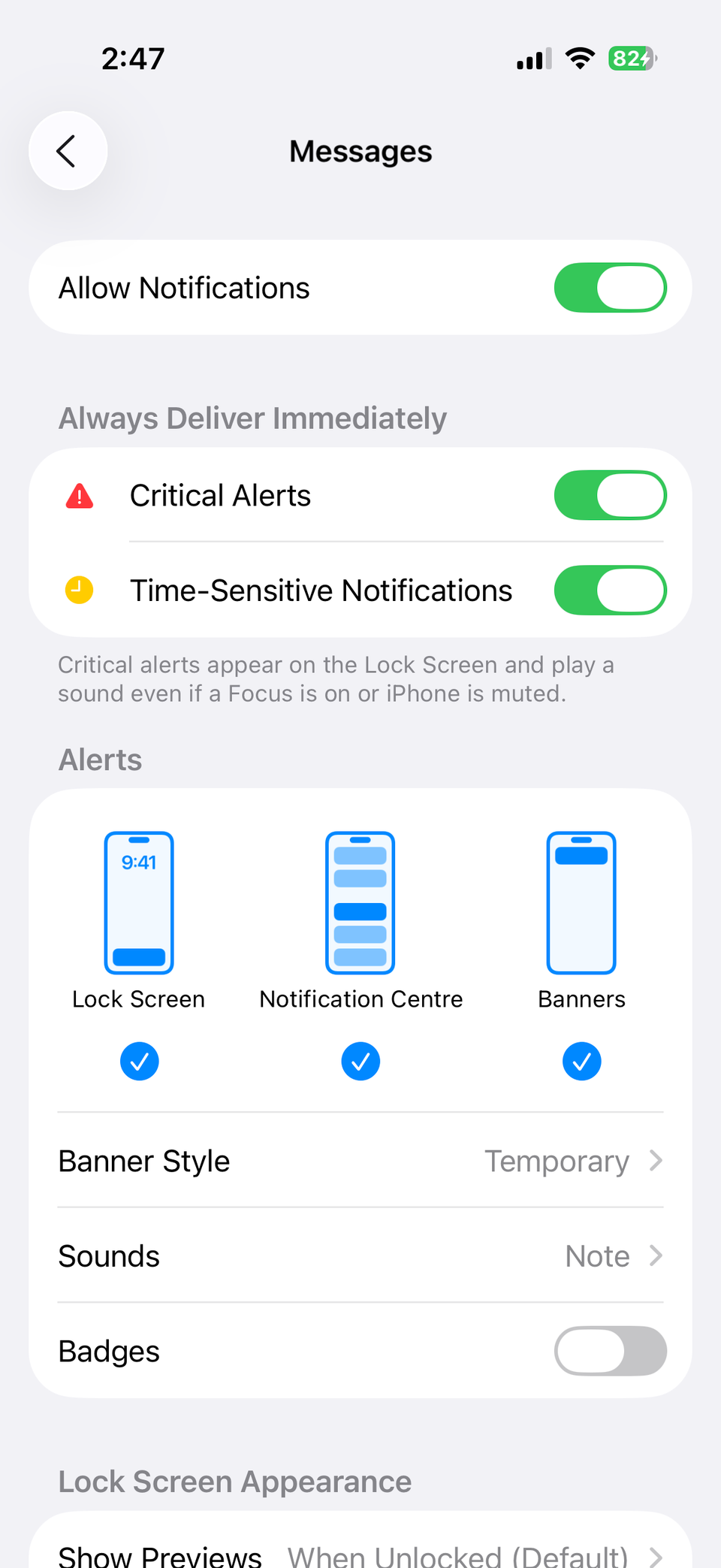 Messages app notification settings on iPhone