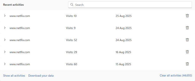 Microsoft Privacy Dashboard browsing history