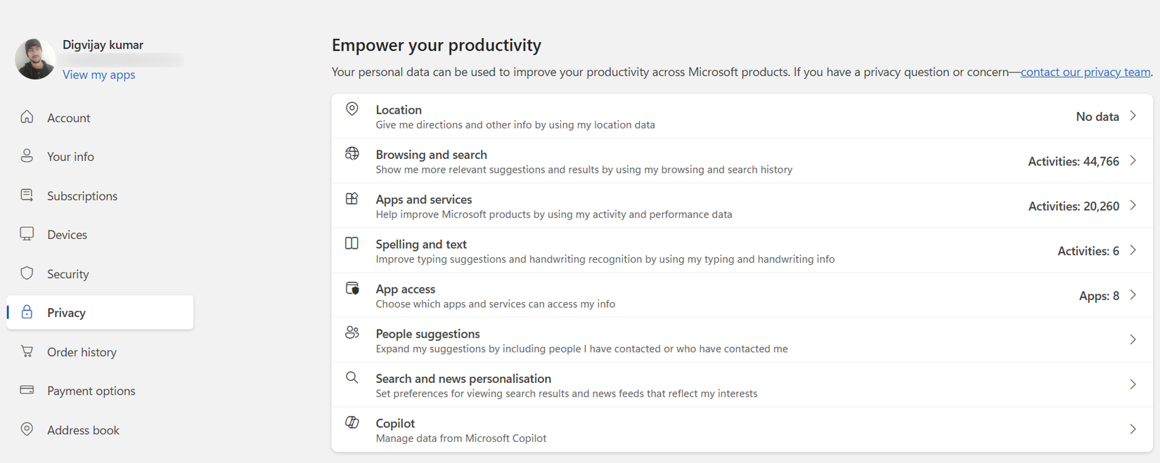 Microsoft Privacy Dashboard data categories and activity counts.