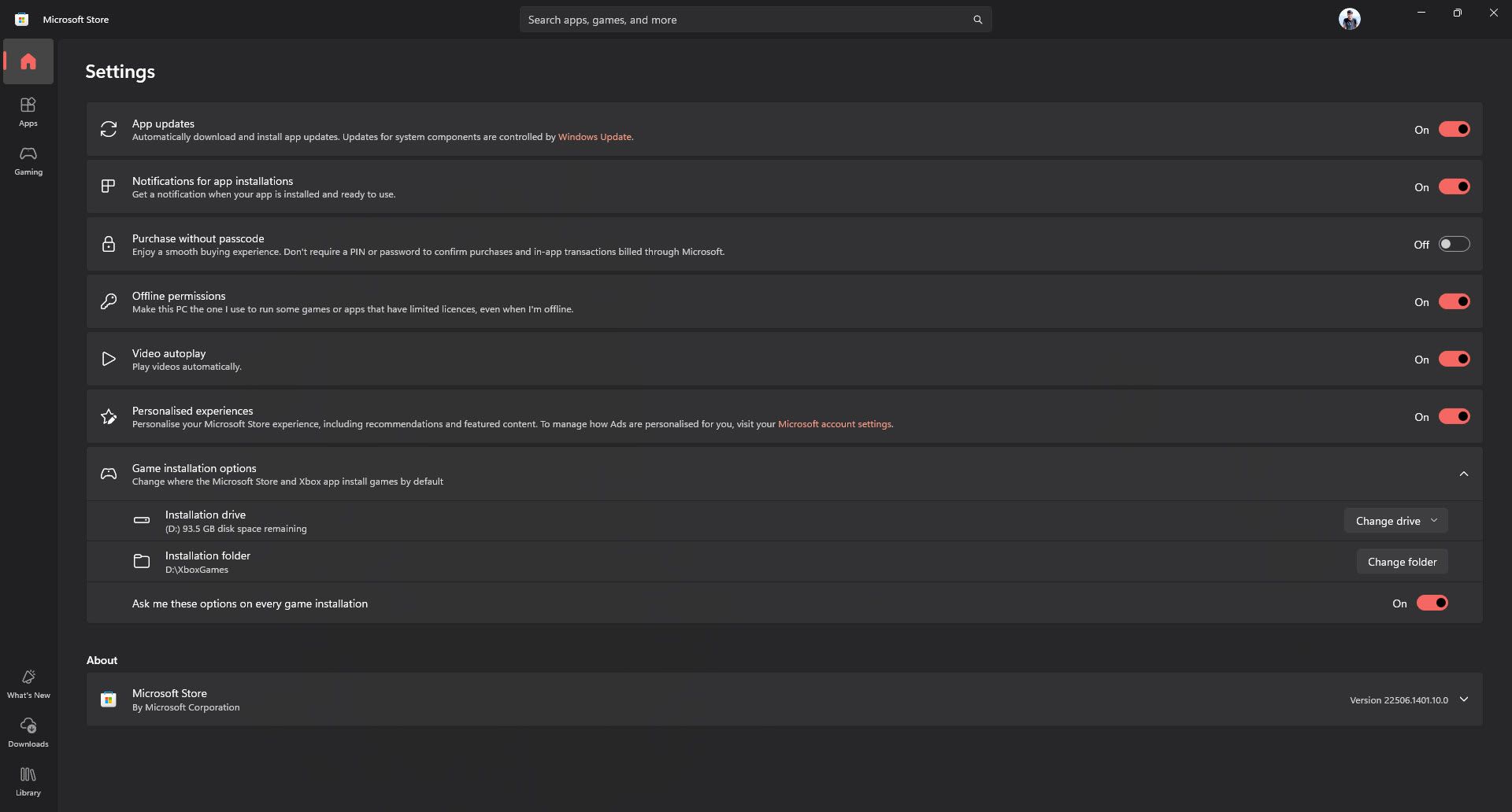 Microsoft Store settings on Windows 11