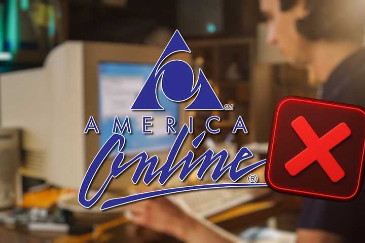 old aol logo with red cross person using old pc background.