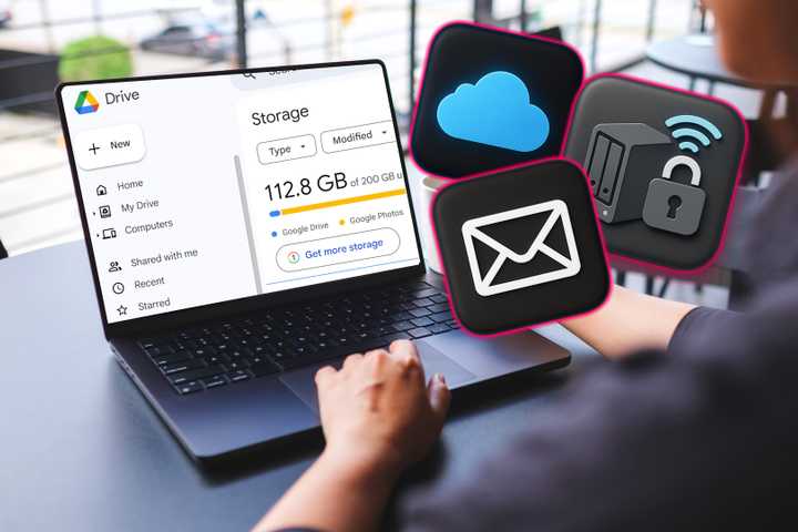 person backing up laptop to google drive with backup icons.