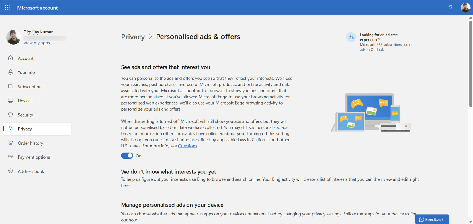 Personalised ads settings page in Microsoft account.