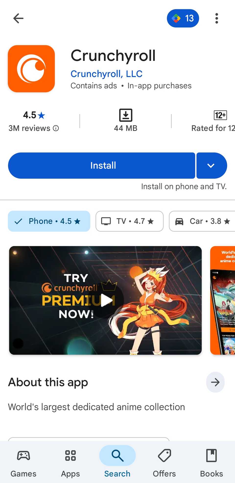 Play Store on Android phone showing Crunchyroll app
