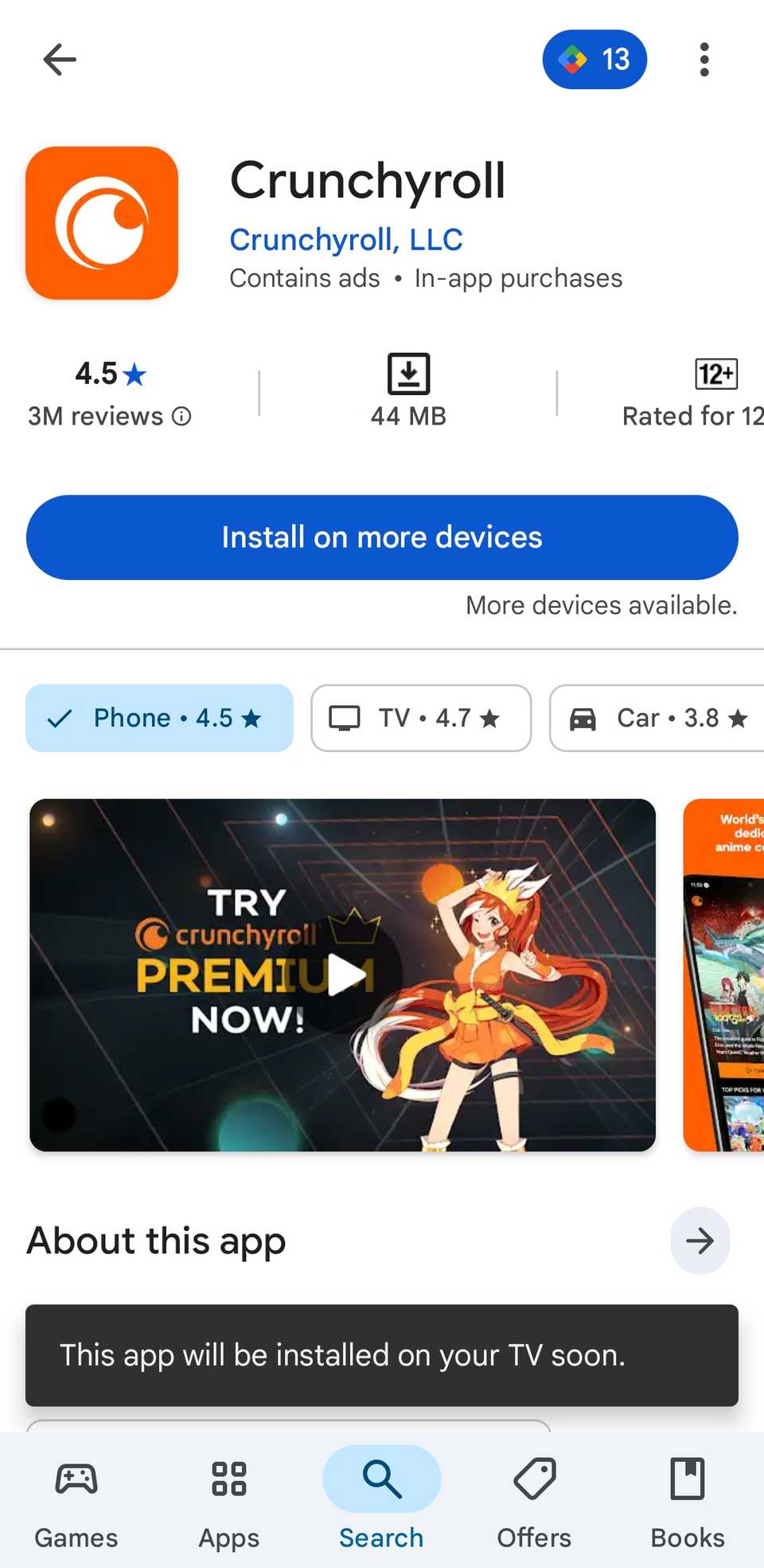 Play Store on phone showing Crunchyroll app