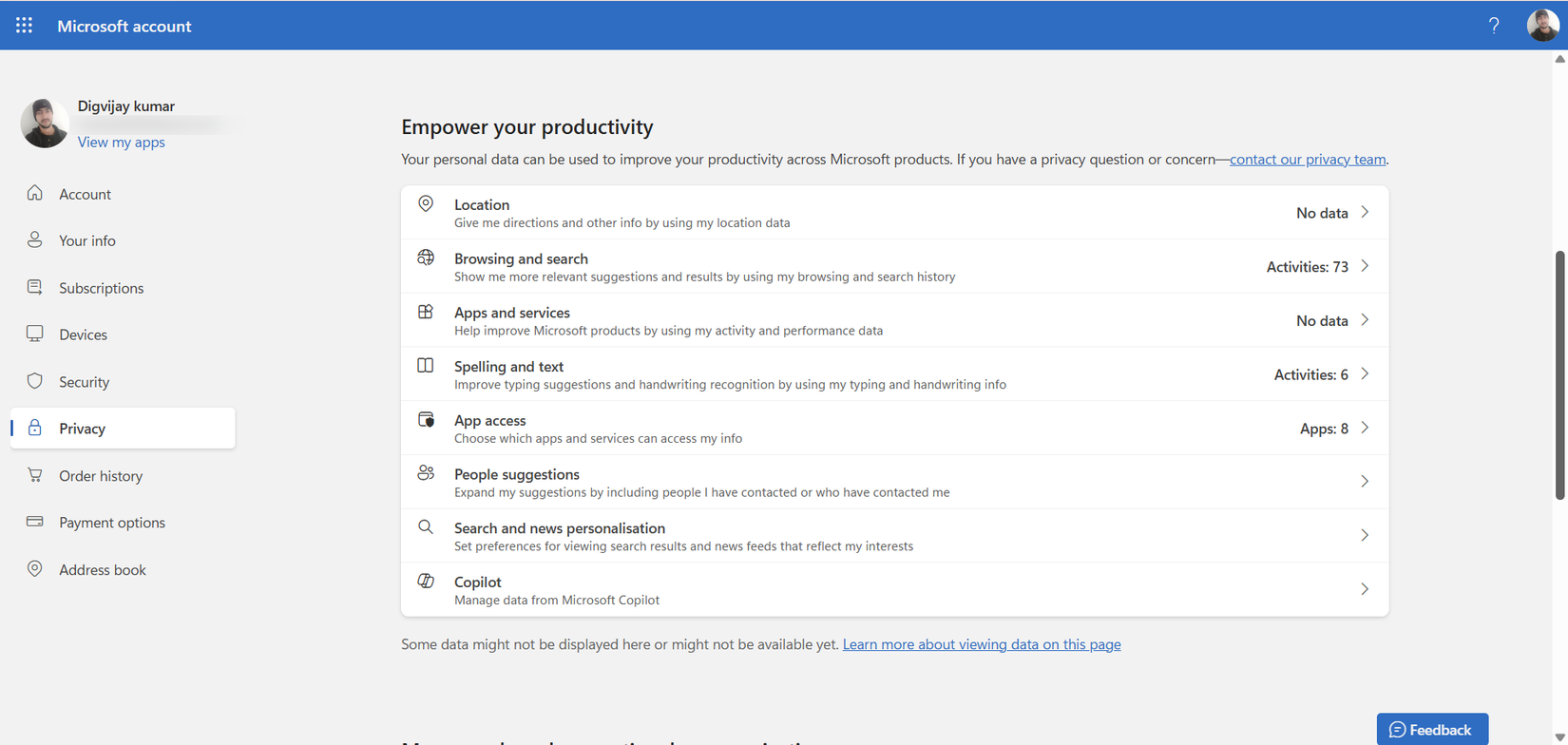 Privacy Dashboard showing activity categories.