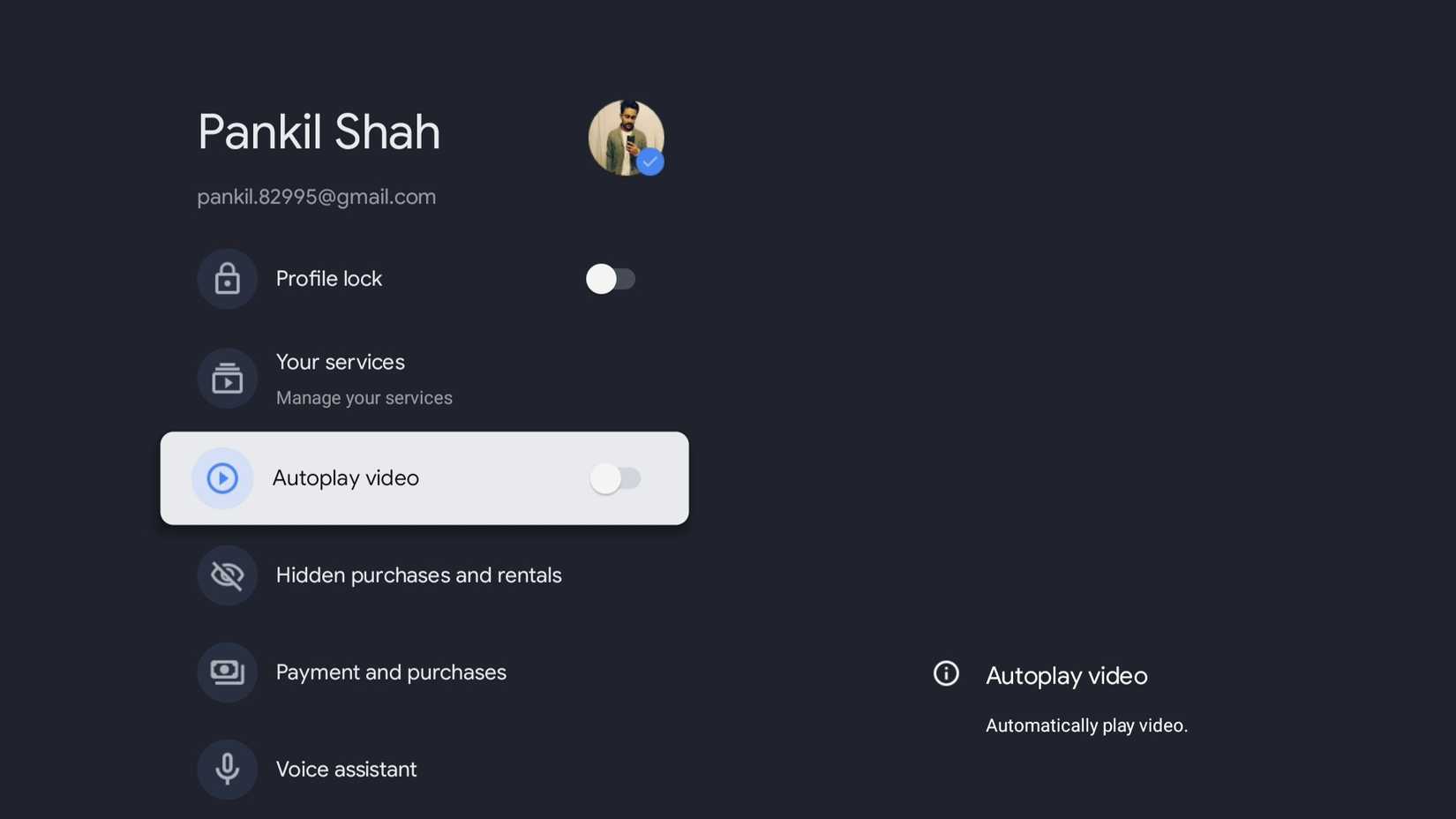 Profile settings menu on Google TV