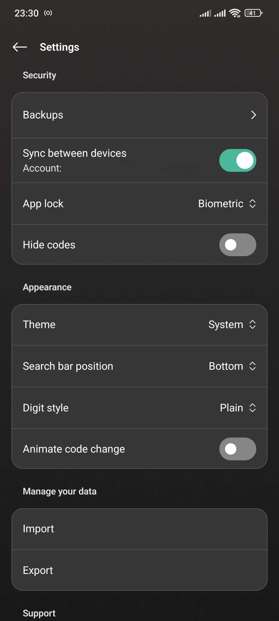 Proton Authenticator settings in Android app featuring import option.