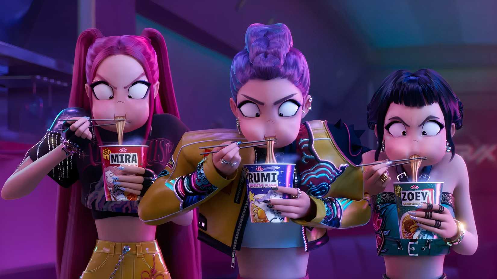 Rumi, Mira, and Zoey eating noodles in K-Pop Demon Hunters