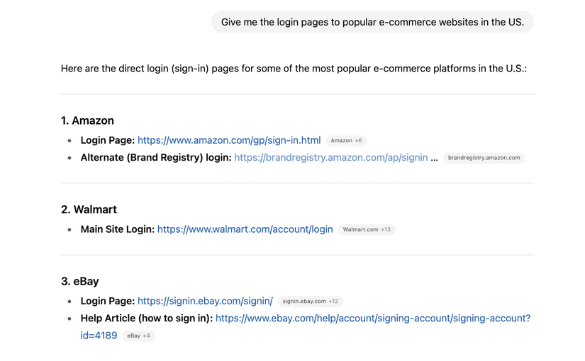 Asking ChatGPT to share login pages of brands.