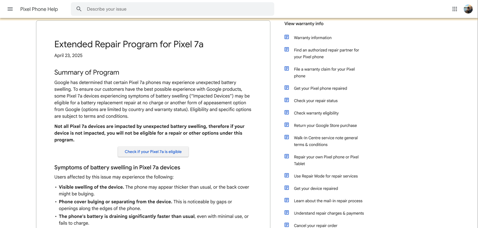 Sitio web del programa de reparación extendida de Google Pixel 7A