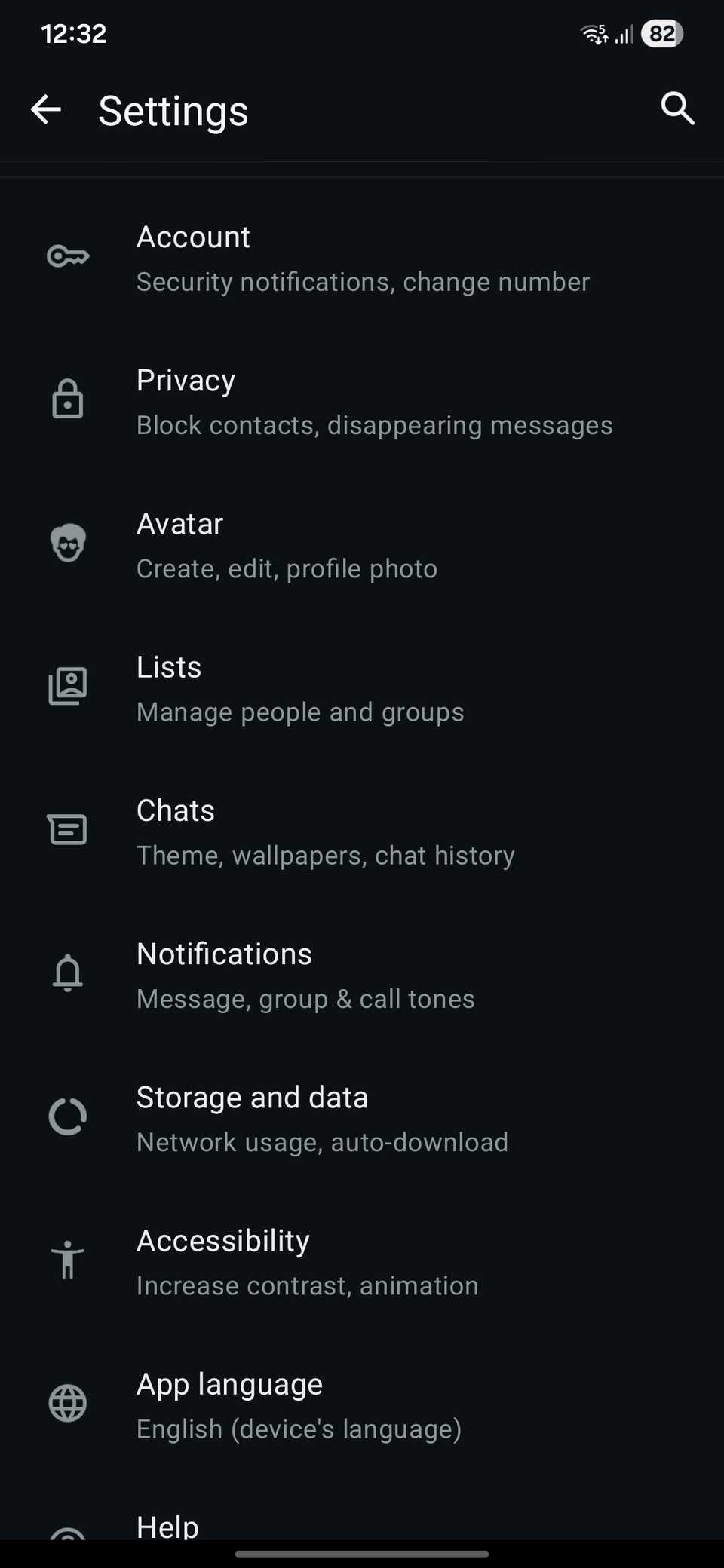 WhatsApp Android app Settings page.