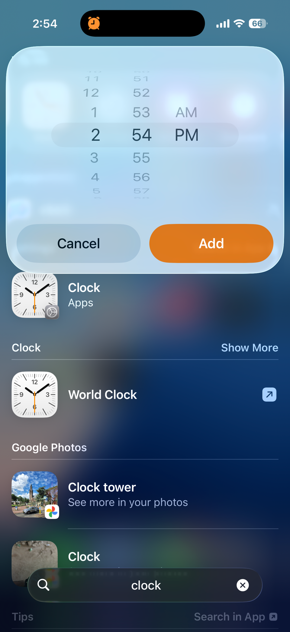 Set Alarm option in iPhone Spotlight menu