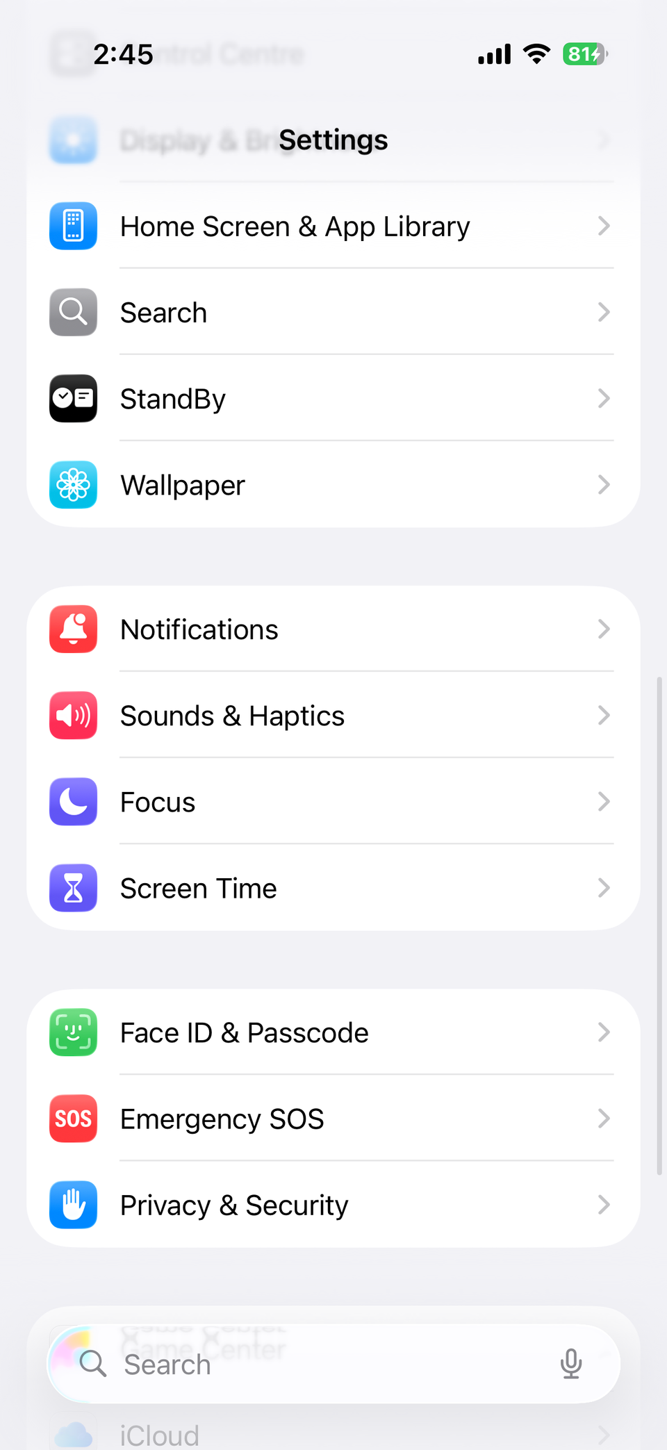 Settings app on iPhone
