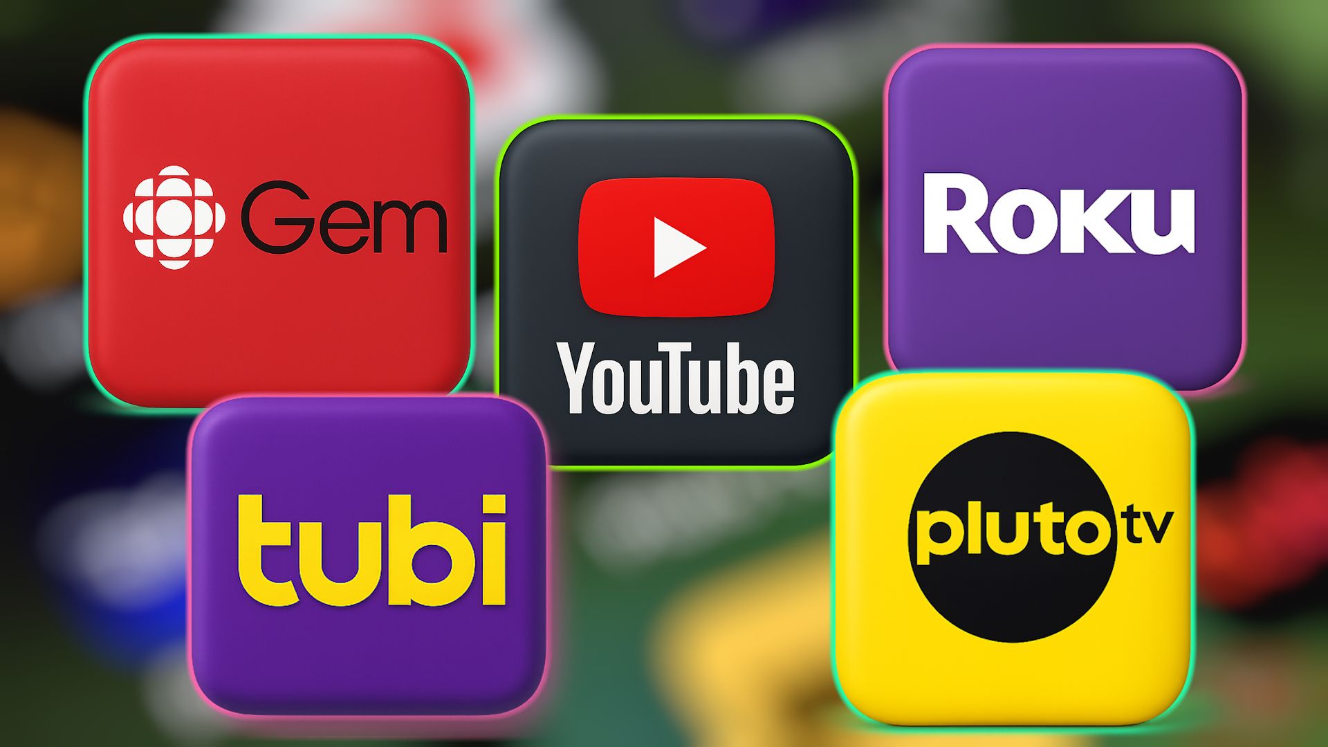 sports streaming brands logo boxes blurred background.