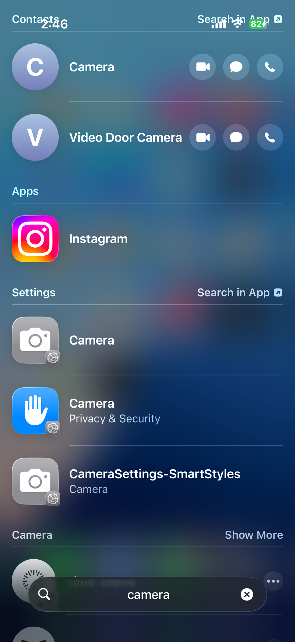 Spotlight showing results for camera on iPhone