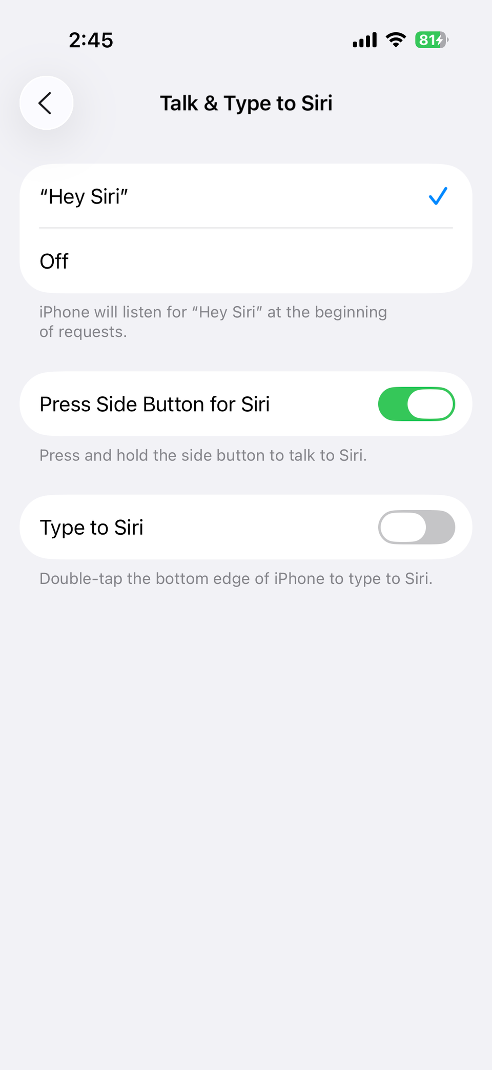 Talk to Siri settings on iPhone