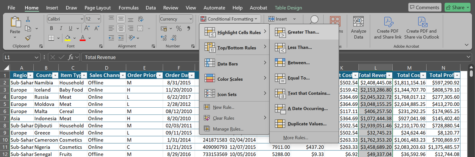 The conditional formatting menu bar in Excel