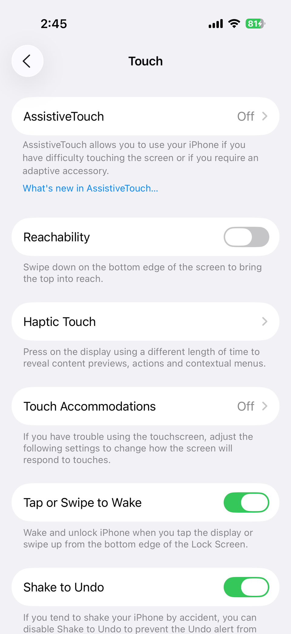 Touch settings on iPhone