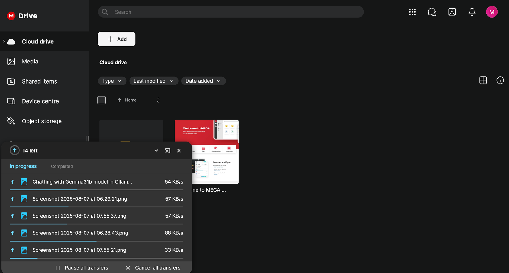 Uploading files to Mega cloud storage service