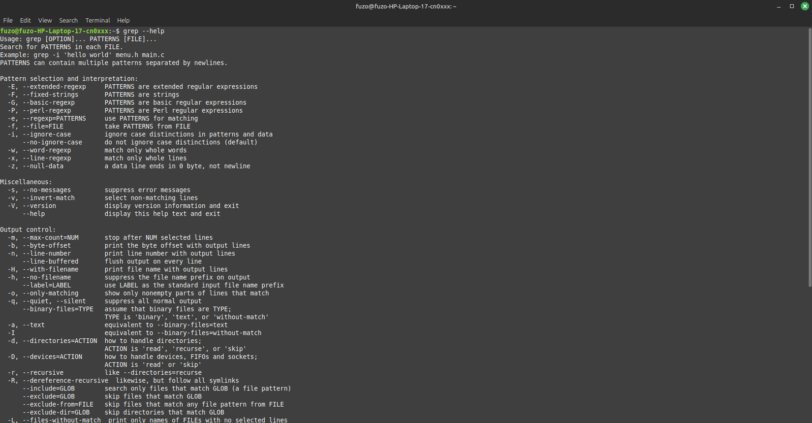 using the --help command to see what grep does