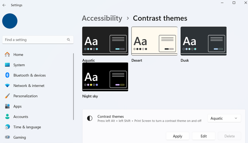 Windows 11 settings app showing contrast themes