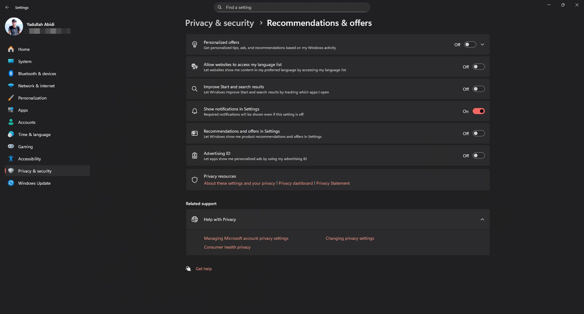 Windows 11 recommendations and offers settings