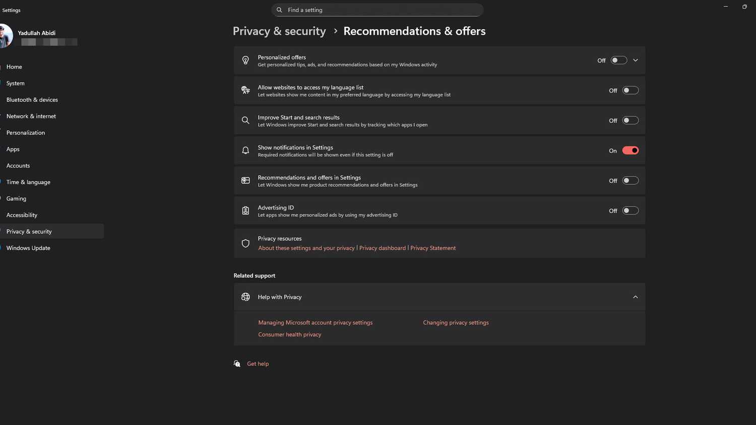 Windows 11 recommendations and offers settings