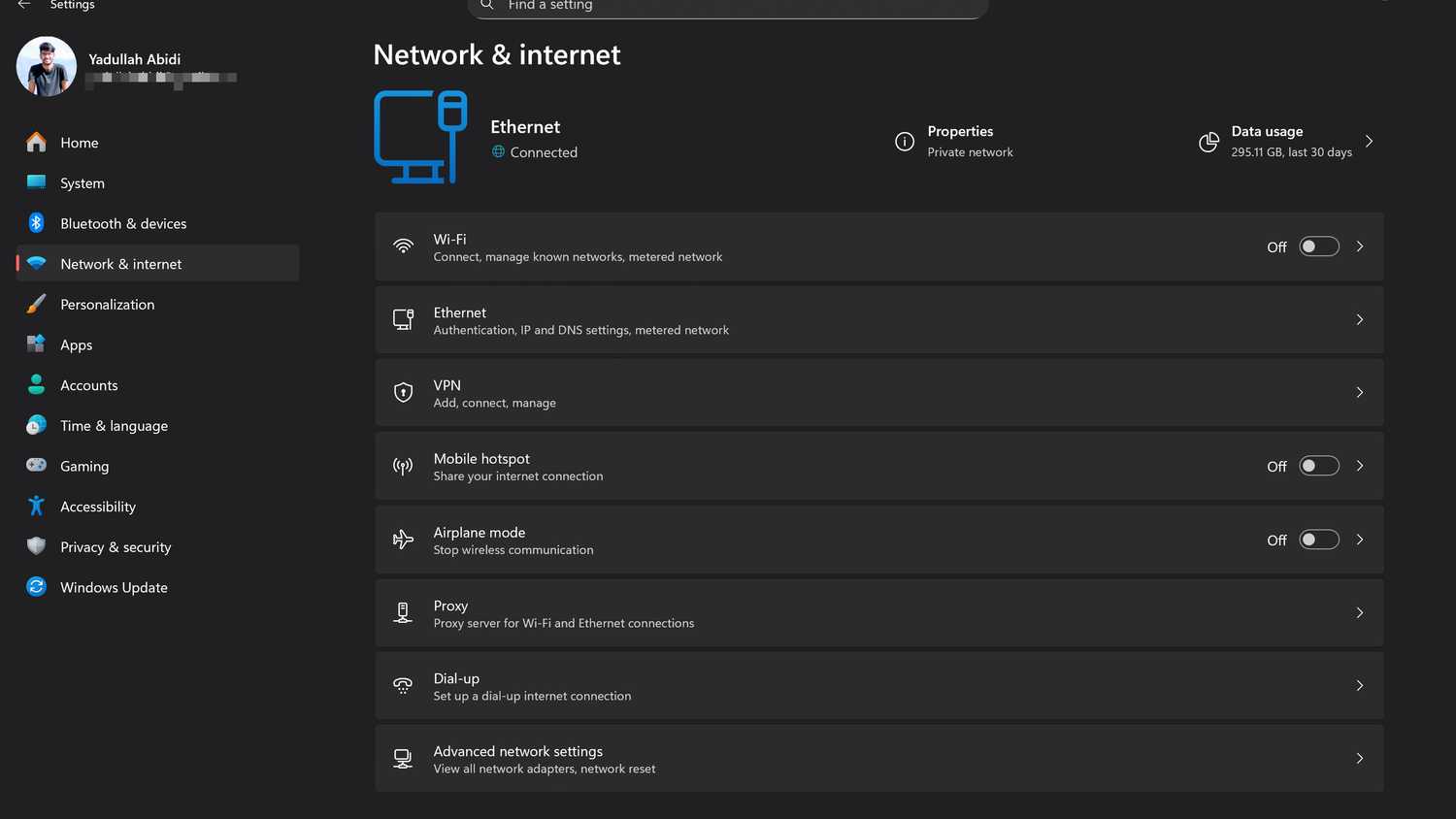 Windows 11 network and ethernet settings