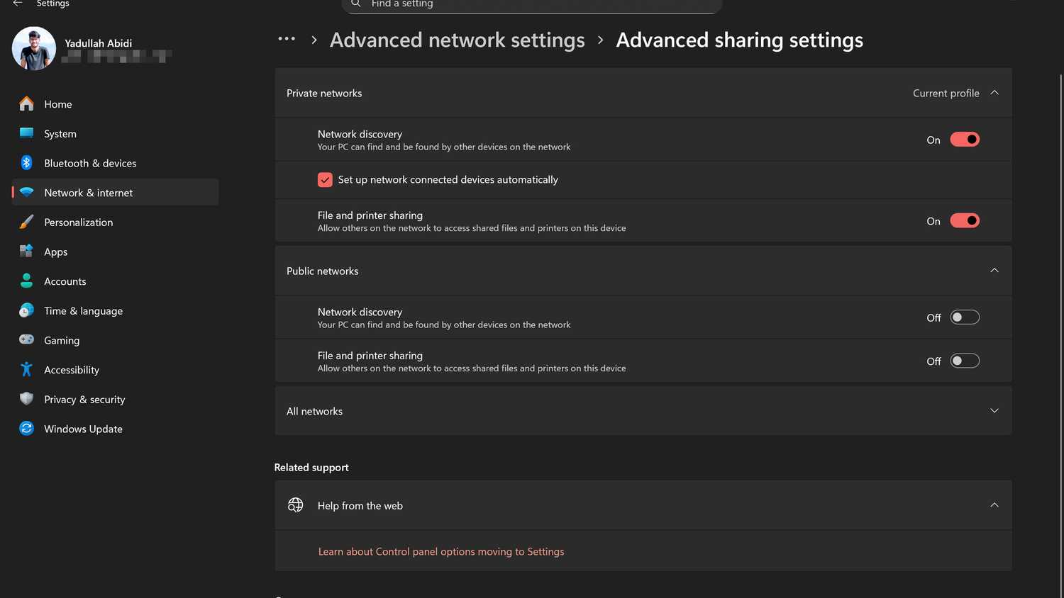 Windows 11 advacned network sharing settings