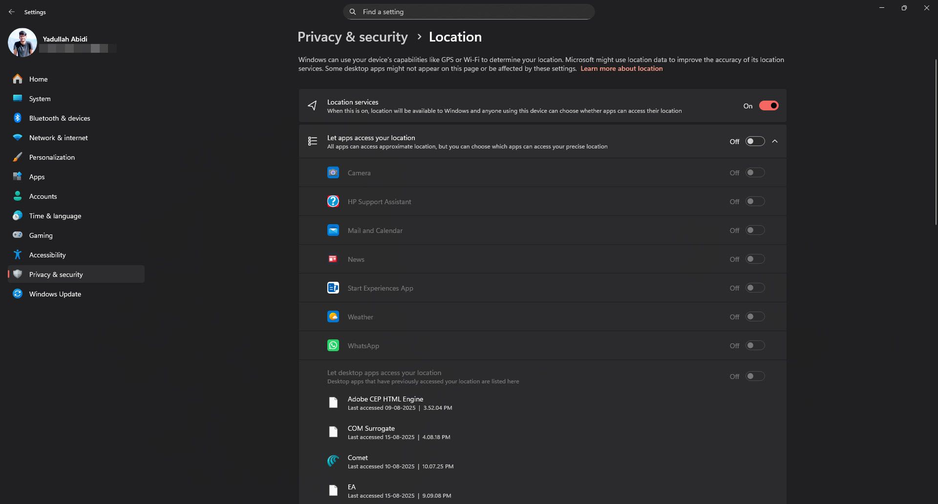 Windows 11 location settings