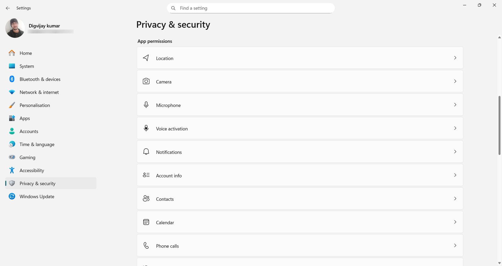 Windows Privacy and security app permissions list.