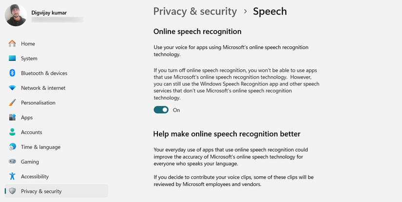 Windows Privacy and security speech settings.
