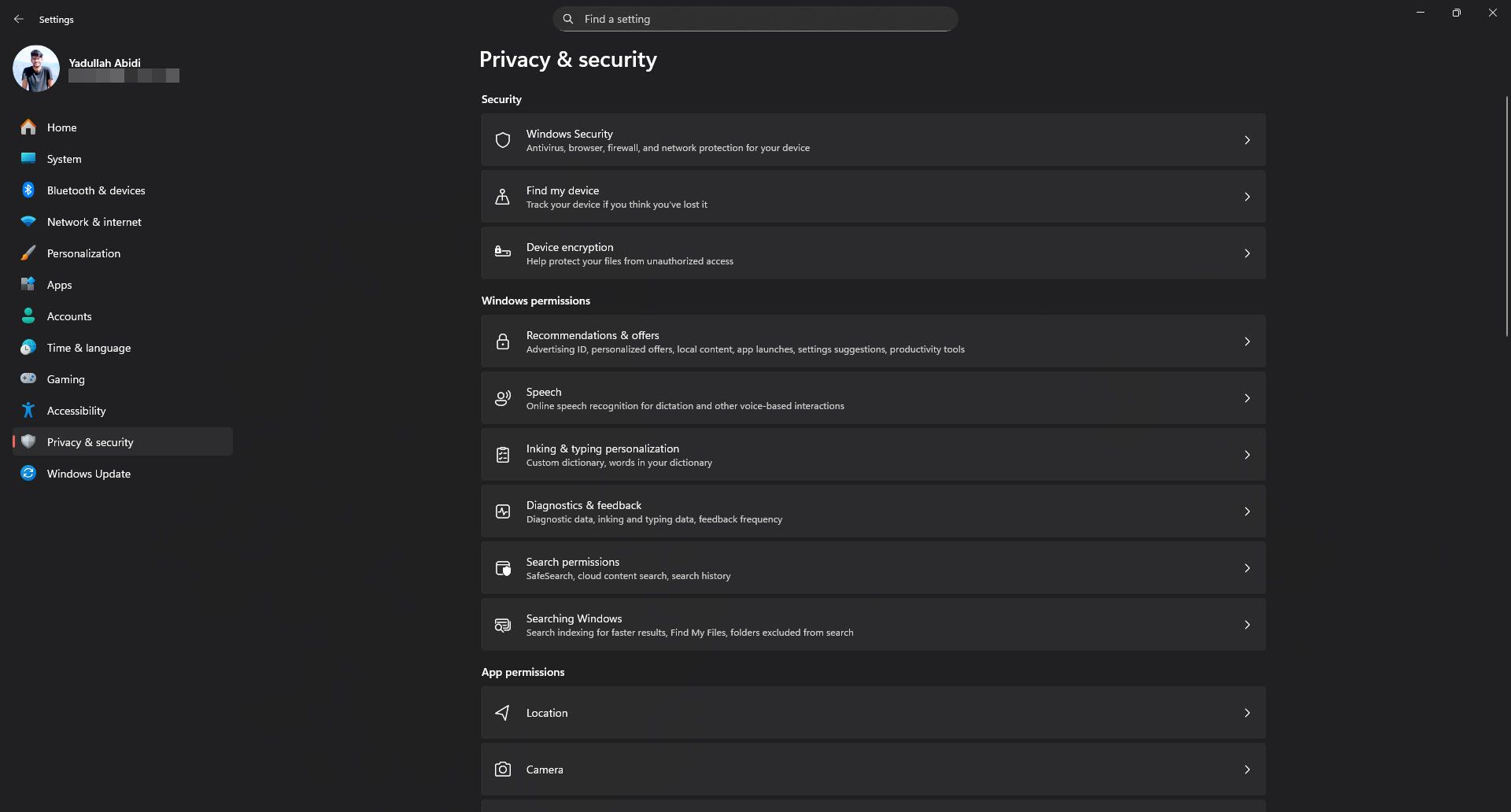 Windows 11 settings app with privacy and security settings