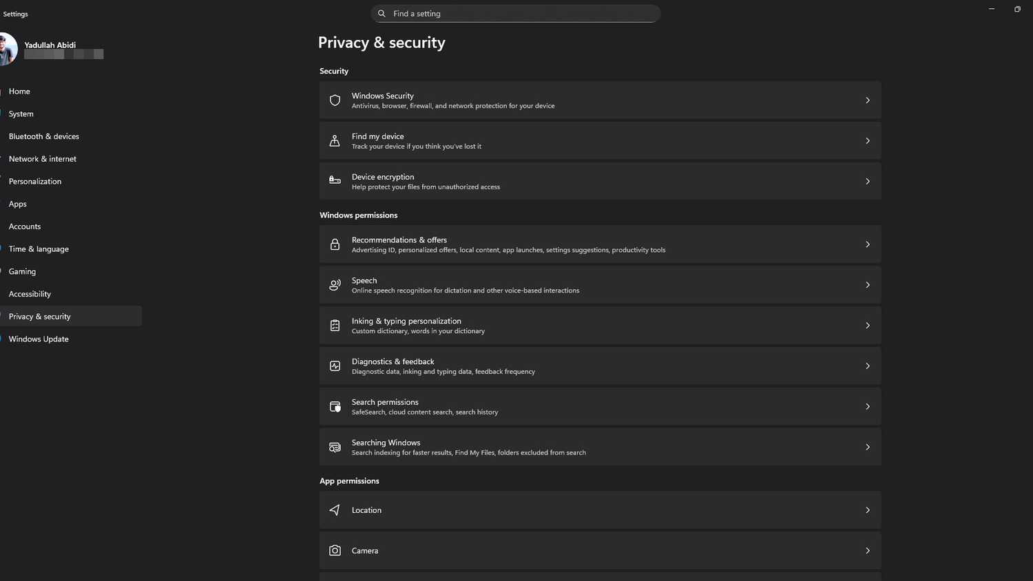 Windows 11 settings app with privacy and security settings