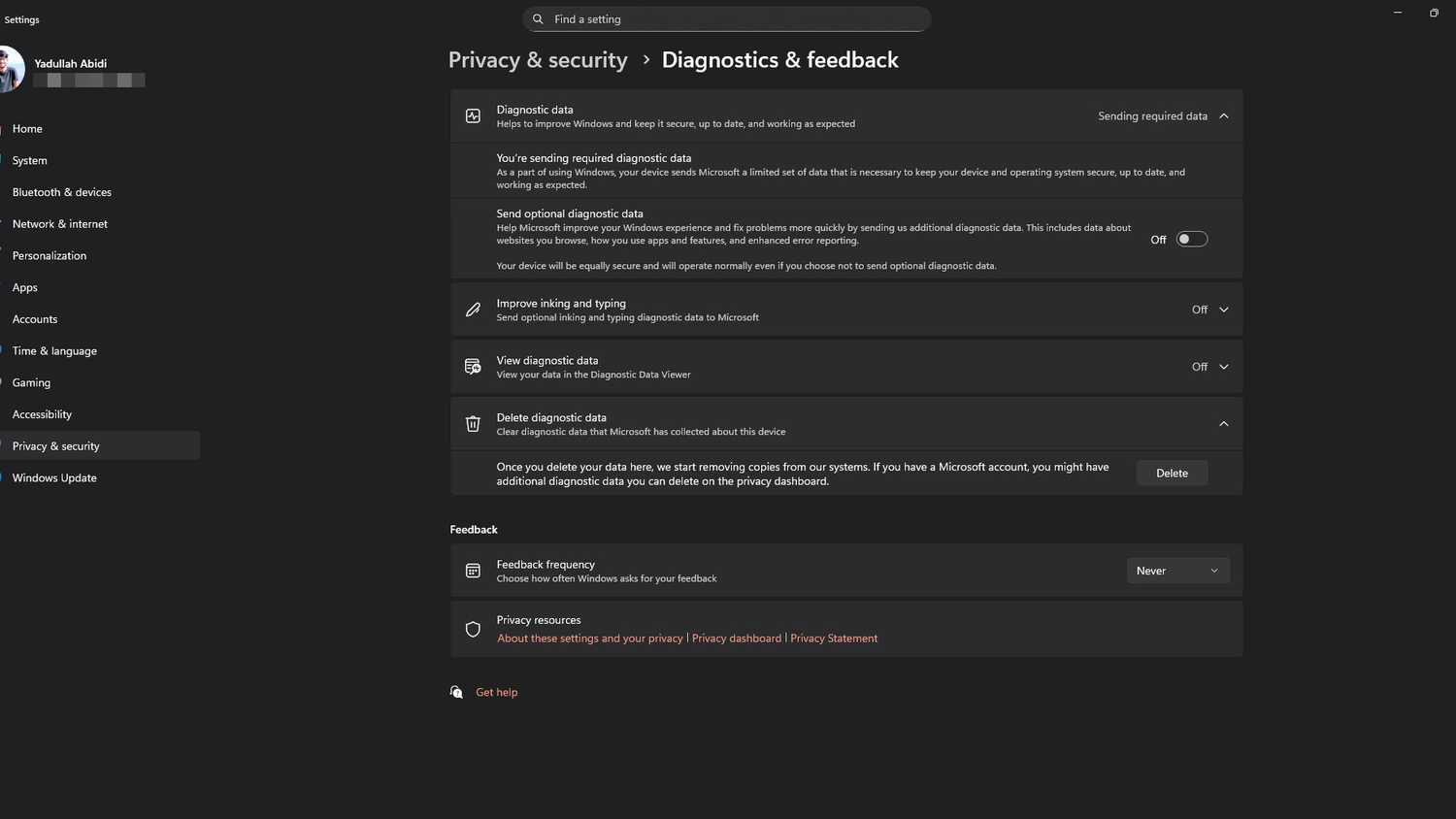Windows 11 diagnostic and feedback settings