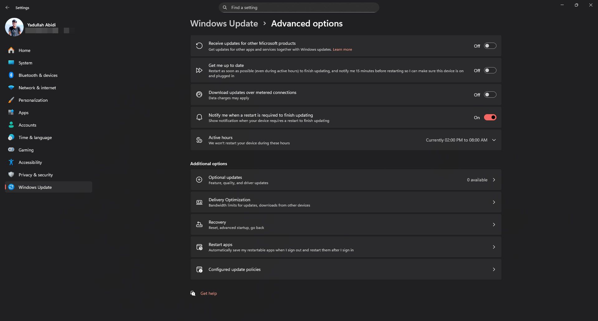 Windows update advanced settings menu