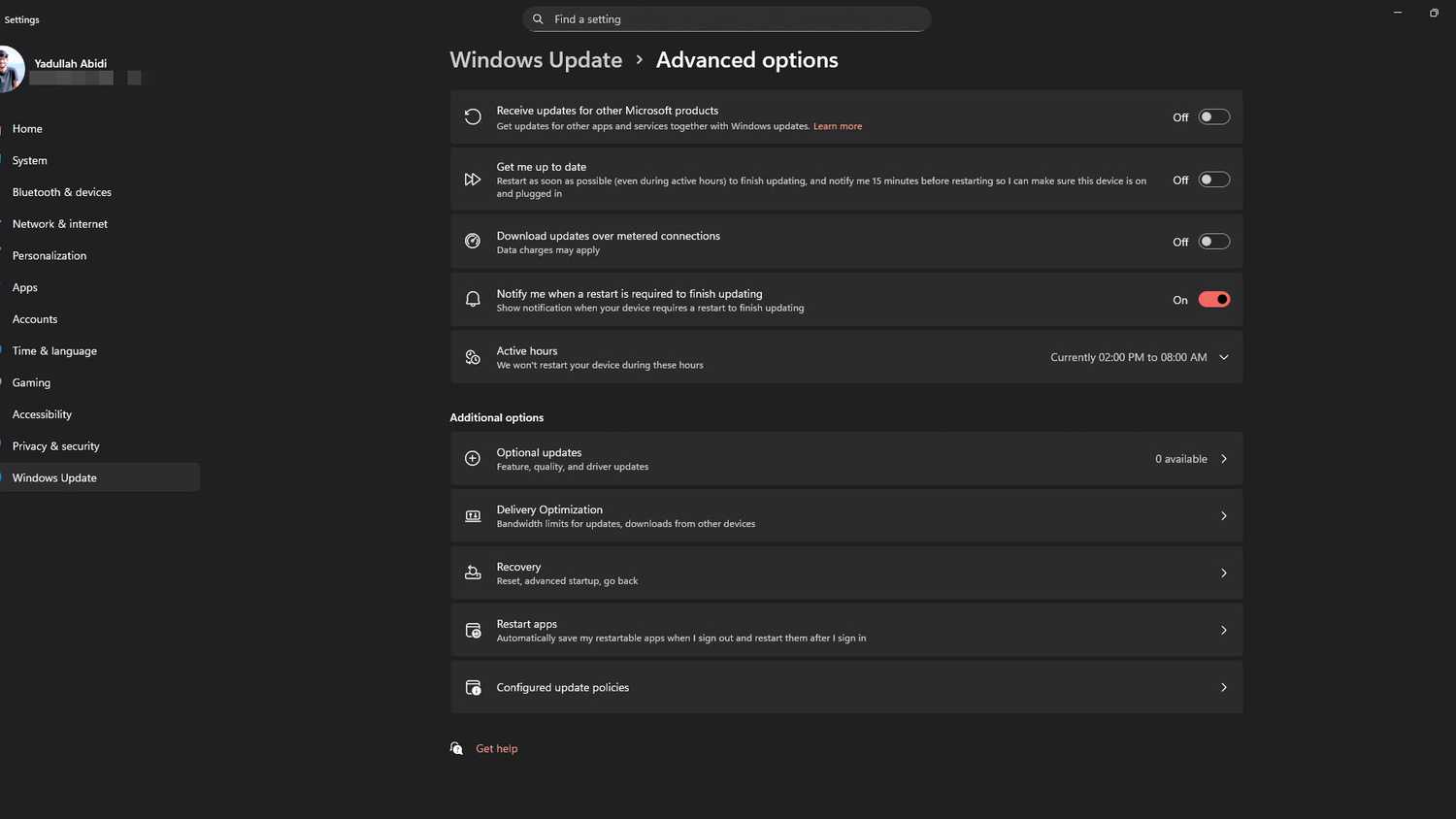 Windows update advanced settings menu