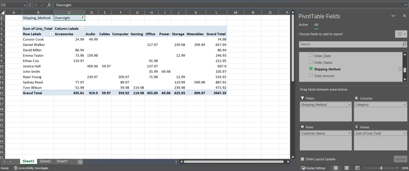 Adding shipping filter to pivot table