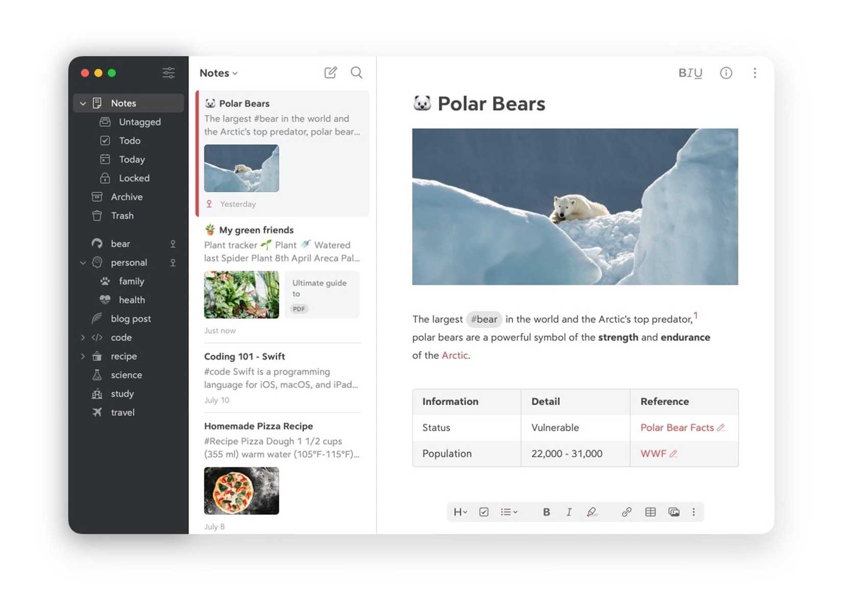 Bear app showing a demo note.